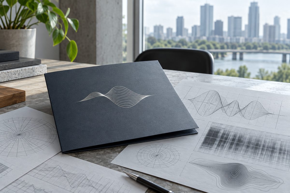Technical documentation binder and foil stamped folder for an acoustic design consultancy