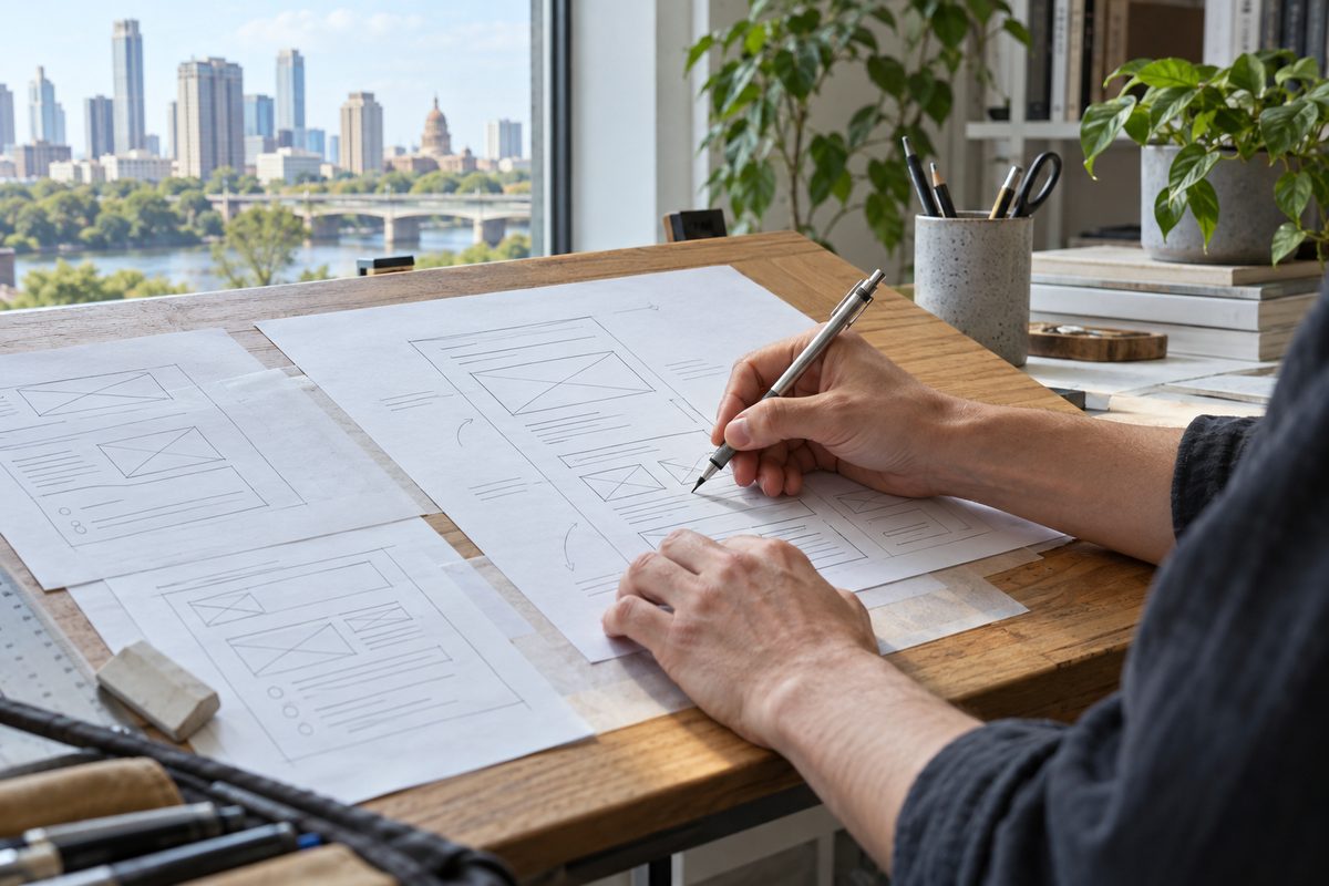 Designer hands marking layout annotations on printed wireframe sheets with drafting pencil